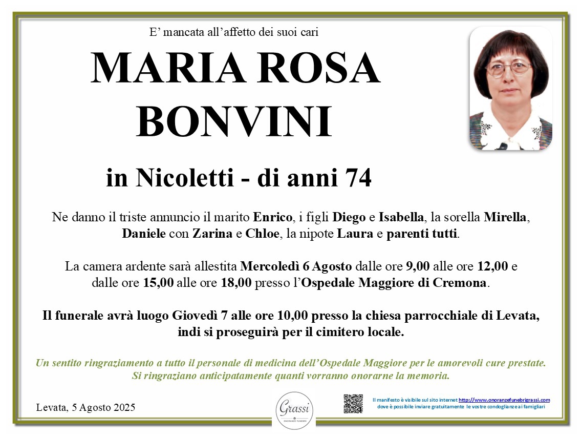 Necrologio di MARIA ROSA BONVINI
