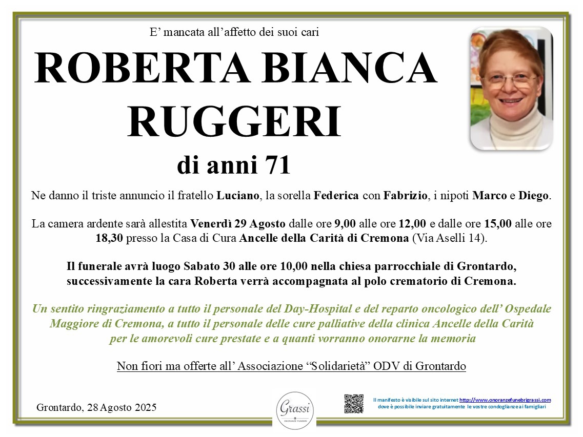 Necrologio di ROBERTA BIANCA RUGGERI