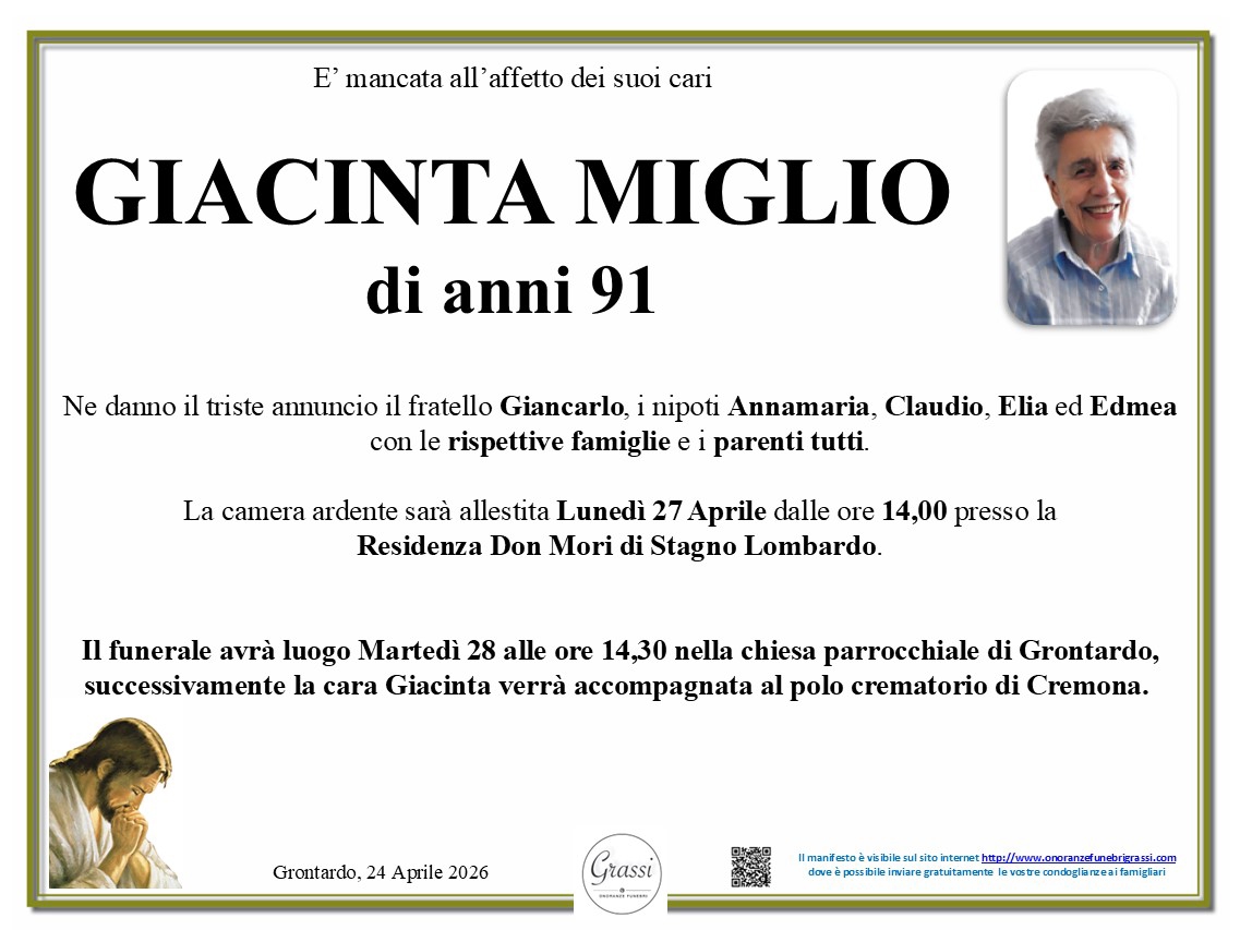 Necrologio di GIACINTA MIGLIO